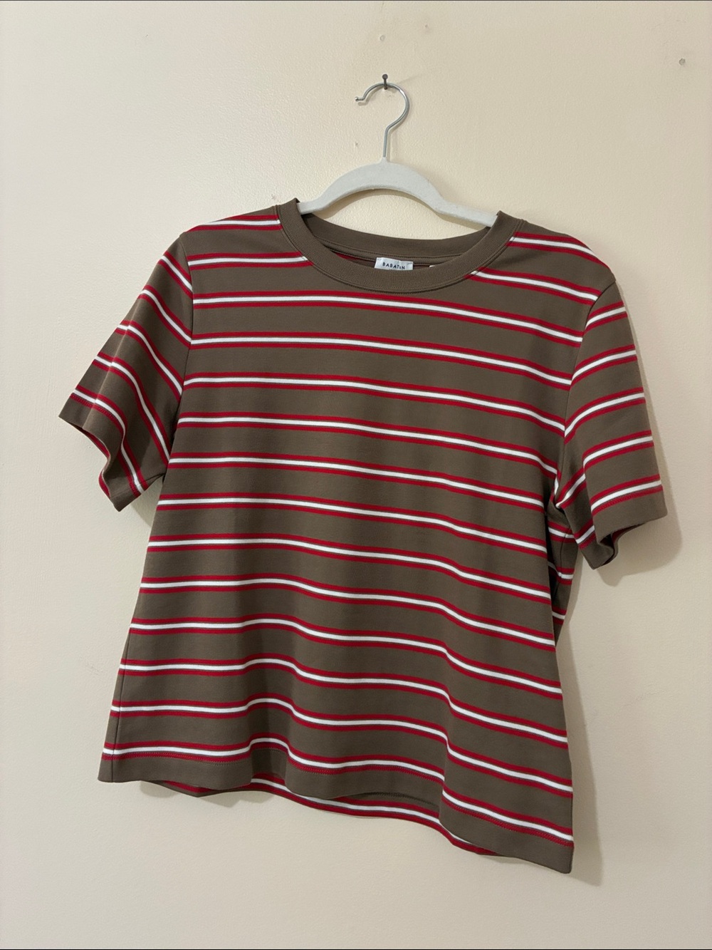 Aritzia Tan Short-Sleeve Tee with Red & White Stripes - NWT